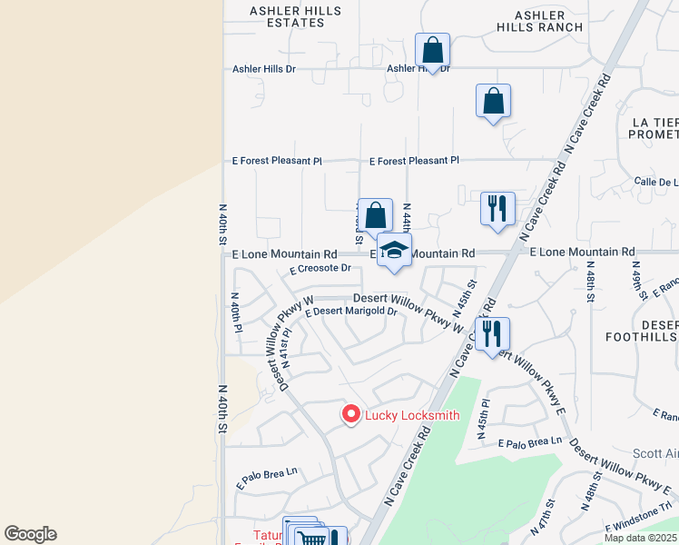 map of restaurants, bars, coffee shops, grocery stores, and more near 4269 East Creosote Drive in Cave Creek