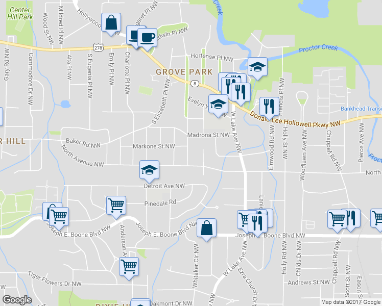 map of restaurants, bars, coffee shops, grocery stores, and more near 519 South Evelyn Place Northwest in Atlanta