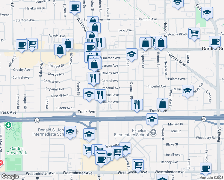 map of restaurants, bars, coffee shops, grocery stores, and more near 10132 Imperial Avenue in Garden Grove