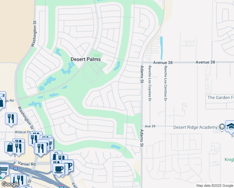 map of restaurants, bars, coffee shops, grocery stores, and more near 38521 Brandywine Avenue in Palm Desert