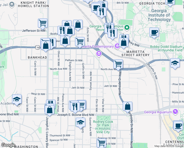 map of restaurants, bars, coffee shops, grocery stores, and more near 537 Sunset Avenue Northwest in Atlanta
