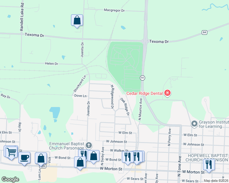 map of restaurants, bars, coffee shops, grocery stores, and more near 1205 Ridgewood Road in Denison