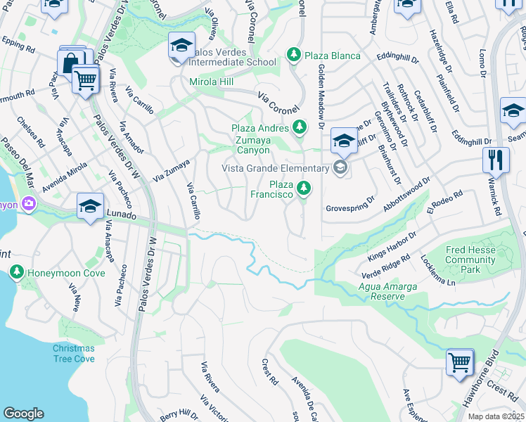 map of restaurants, bars, coffee shops, grocery stores, and more near 1312 Vía Zumaya in Palos Verdes Estates