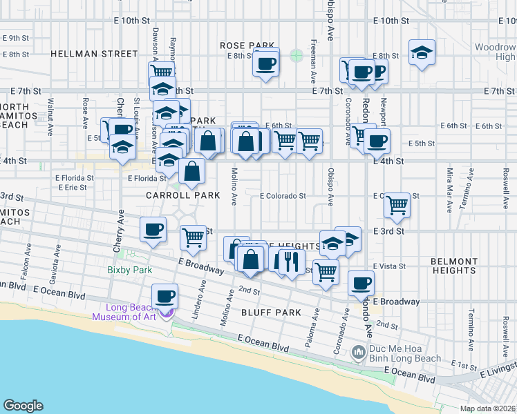 map of restaurants, bars, coffee shops, grocery stores, and more near 337 Temple Avenue in Long Beach