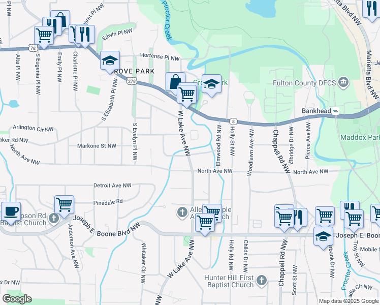 map of restaurants, bars, coffee shops, grocery stores, and more near 1621 Hasty Place Northwest in Atlanta