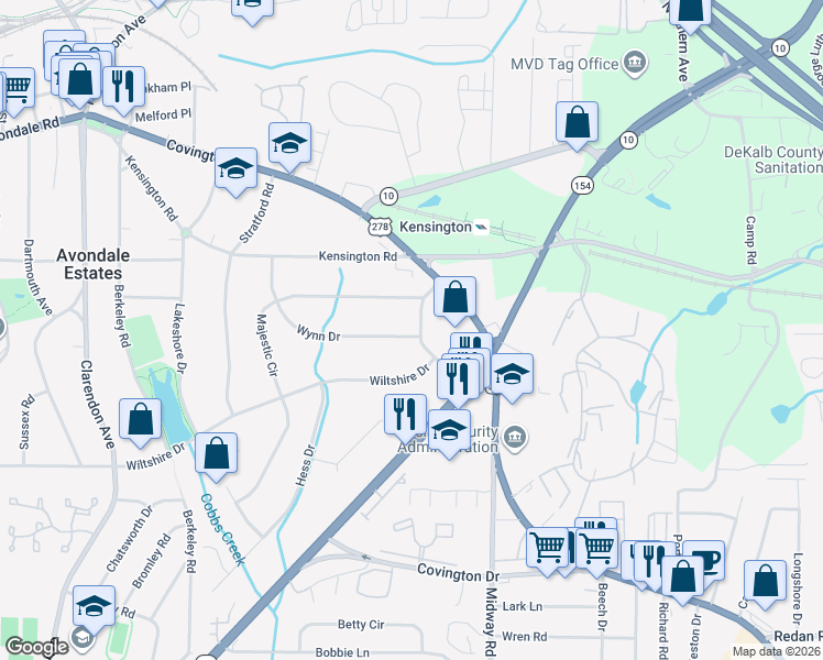 map of restaurants, bars, coffee shops, grocery stores, and more near 3296 Wynn Drive in Avondale Estates