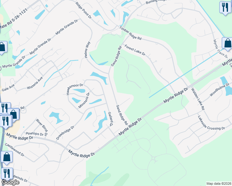 map of restaurants, bars, coffee shops, grocery stores, and more near 540 Sand Ridge Road in Conway