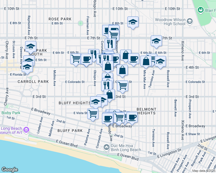 map of restaurants, bars, coffee shops, grocery stores, and more near 336 Redondo Avenue in Long Beach