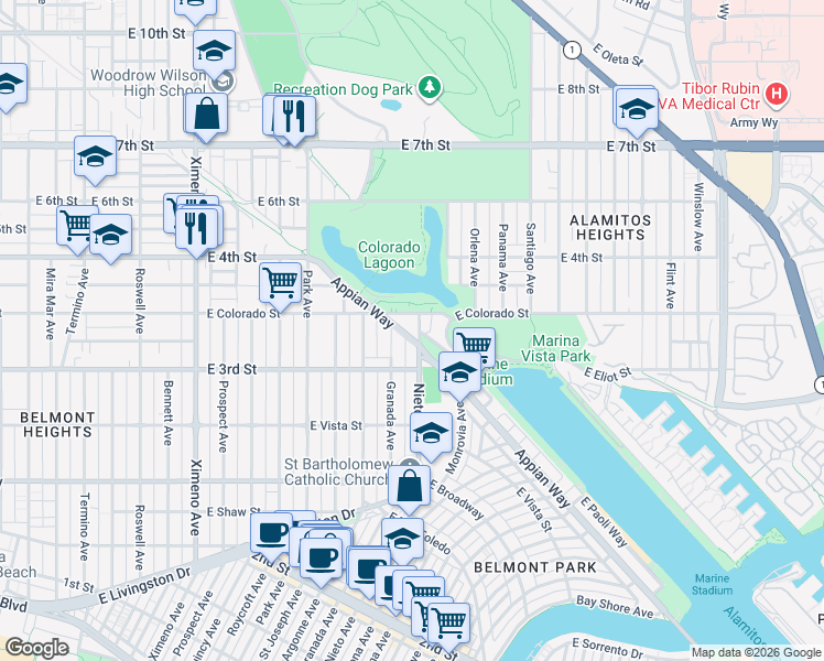 map of restaurants, bars, coffee shops, grocery stores, and more near 340 Nieto Avenue in Long Beach