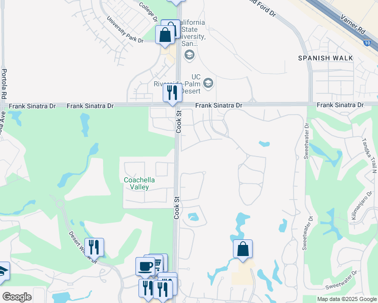 map of restaurants, bars, coffee shops, grocery stores, and more near 351 Augusta Drive in Palm Desert