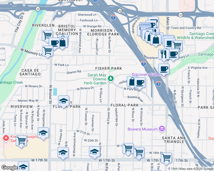 map of restaurants, bars, coffee shops, grocery stores, and more near 902 West Riviera Drive in Santa Ana