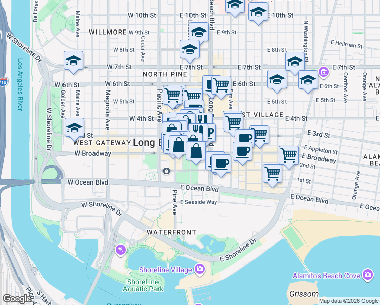 map of restaurants, bars, coffee shops, grocery stores, and more near in Long Beach