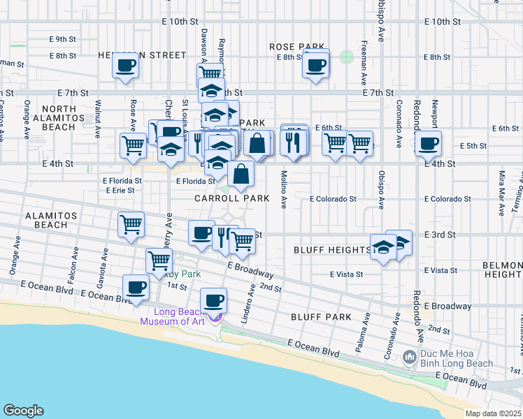 map of restaurants, bars, coffee shops, grocery stores, and more near 340 Carroll Park East in Long Beach