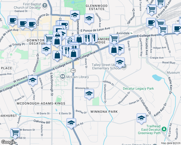 map of restaurants, bars, coffee shops, grocery stores, and more near 186 Avery Street in Decatur