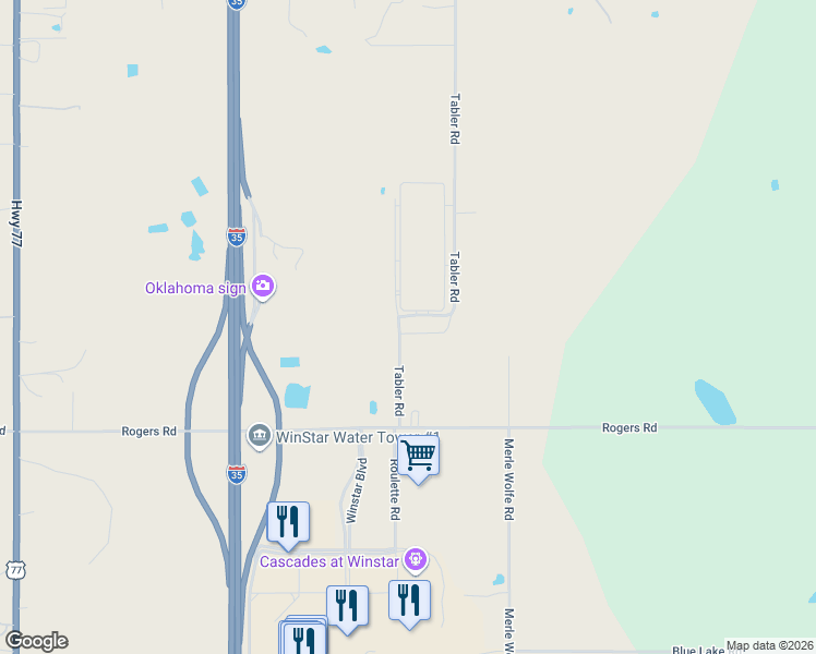 map of restaurants, bars, coffee shops, grocery stores, and more near 20758 Tabler Road in Thackerville