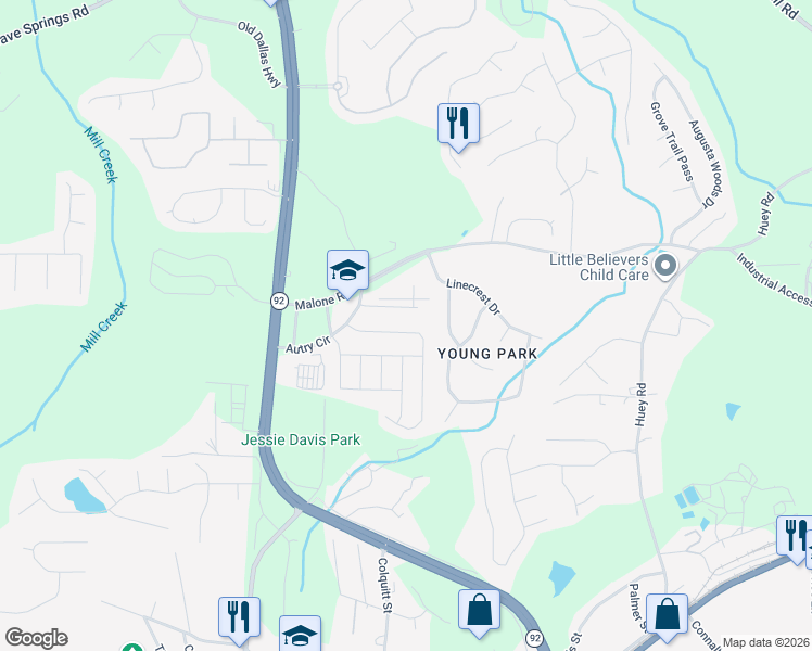 map of restaurants, bars, coffee shops, grocery stores, and more near 6516 Snowbird Lane in Douglasville