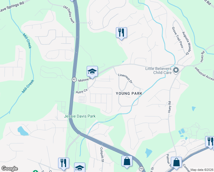 map of restaurants, bars, coffee shops, grocery stores, and more near 6512 Snowbird Lane in Douglasville