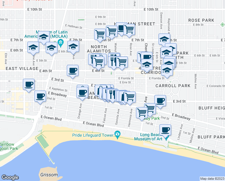 map of restaurants, bars, coffee shops, grocery stores, and more near 1500 East 3rd Street in Long Beach