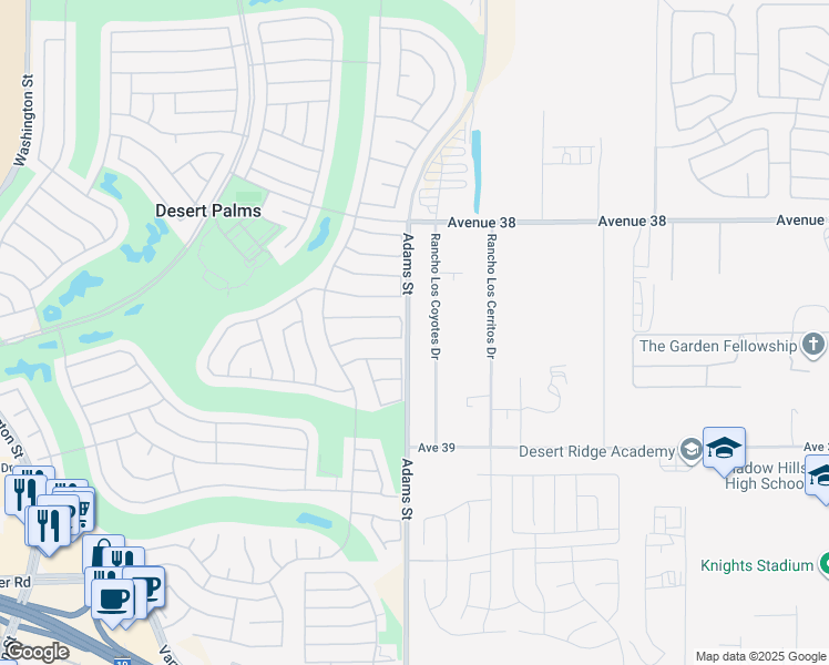 map of restaurants, bars, coffee shops, grocery stores, and more near 38420 Adams Street in Indio