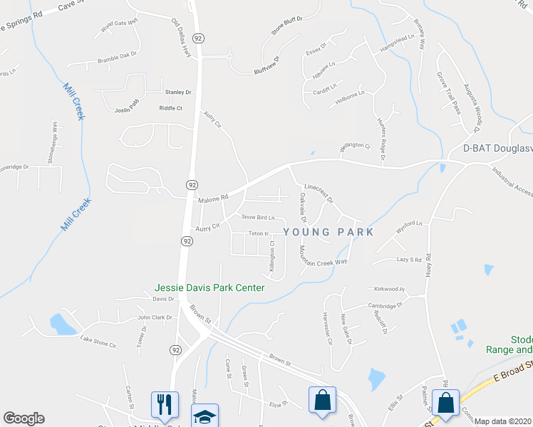 map of restaurants, bars, coffee shops, grocery stores, and more near 6504 Snowbird Lane in Douglasville