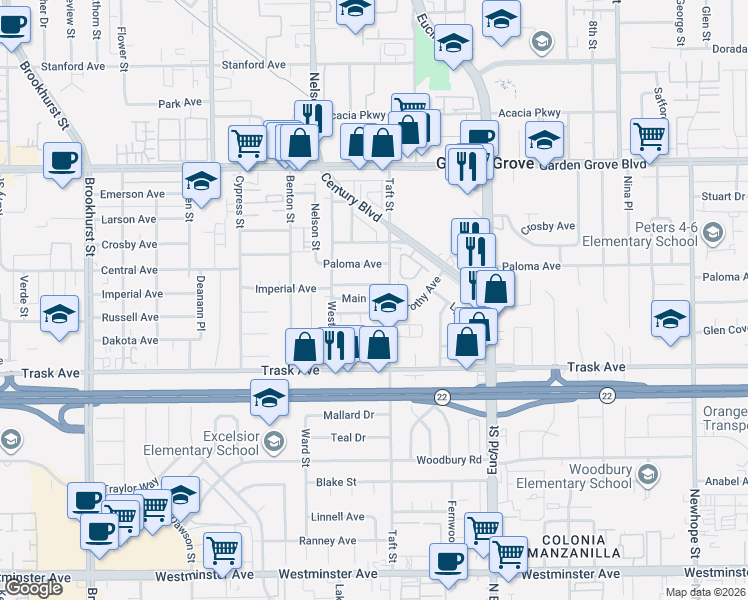 map of restaurants, bars, coffee shops, grocery stores, and more near 10652 Frances Avenue in Garden Grove