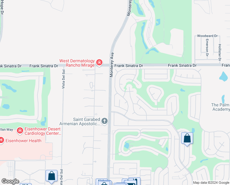 map of restaurants, bars, coffee shops, grocery stores, and more near 38445 Desert Greens Drive West in Palm Desert