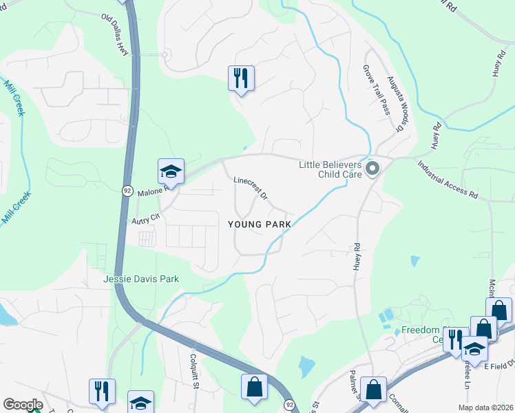 map of restaurants, bars, coffee shops, grocery stores, and more near 6365 Linecrest Drive in Douglasville