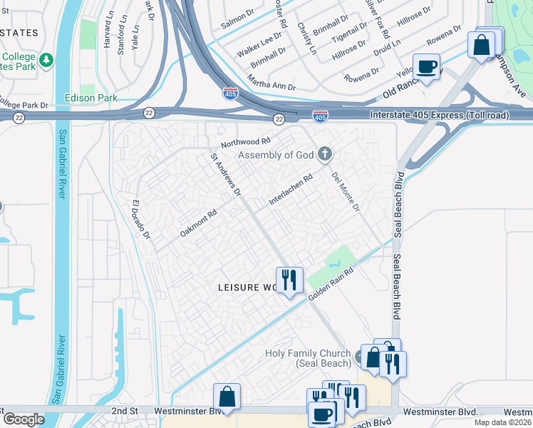 map of restaurants, bars, coffee shops, grocery stores, and more near in Seal Beach