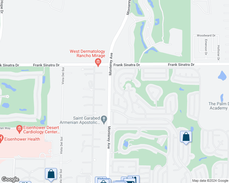 map of restaurants, bars, coffee shops, grocery stores, and more near 38445 Desert Greens Drive West in Palm Desert