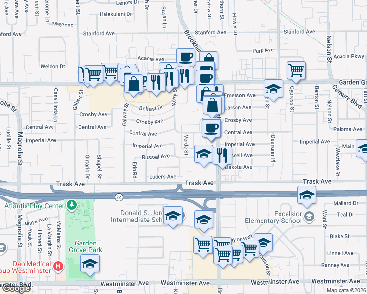 map of restaurants, bars, coffee shops, grocery stores, and more near 13301 Verde Street in Garden Grove