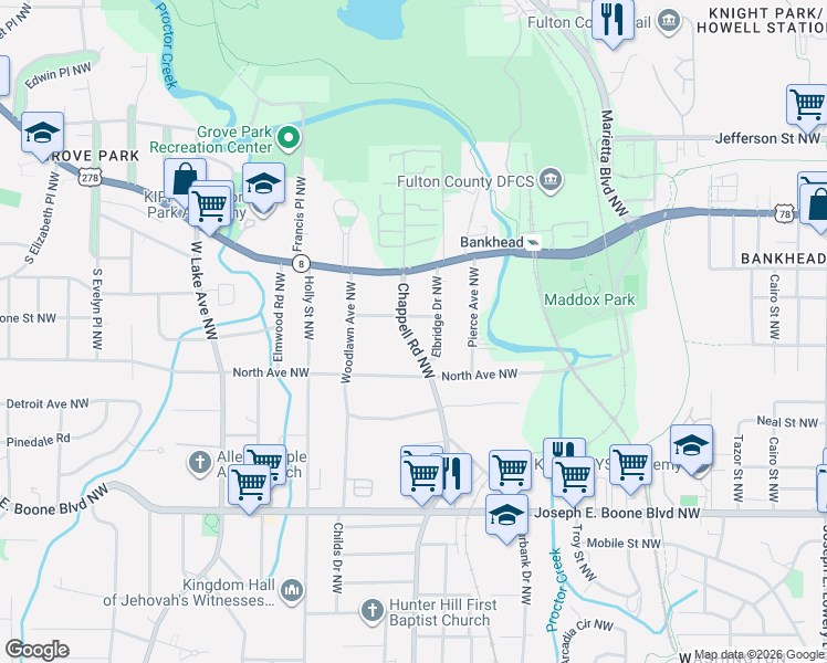 map of restaurants, bars, coffee shops, grocery stores, and more near 523 Chappell Road Northwest in Atlanta