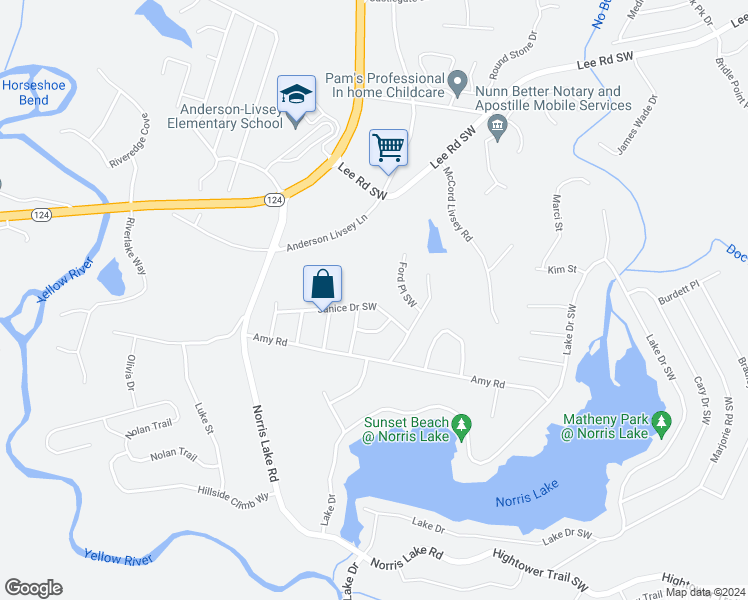 map of restaurants, bars, coffee shops, grocery stores, and more near 4440 Janice Drive Southwest in Snellville