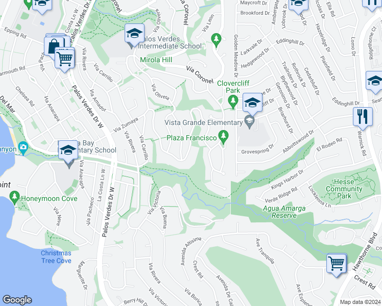 map of restaurants, bars, coffee shops, grocery stores, and more near 1312 Vía Zumaya in Palos Verdes Estates