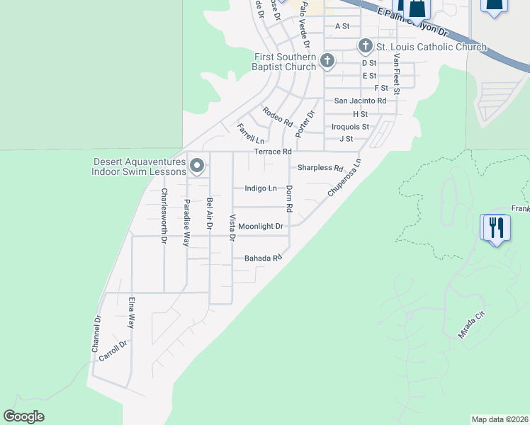 map of restaurants, bars, coffee shops, grocery stores, and more near 68415 Treasure Trail in Cathedral City