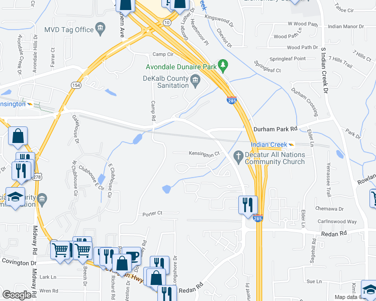 map of restaurants, bars, coffee shops, grocery stores, and more near 3766 Kensington Court in Decatur