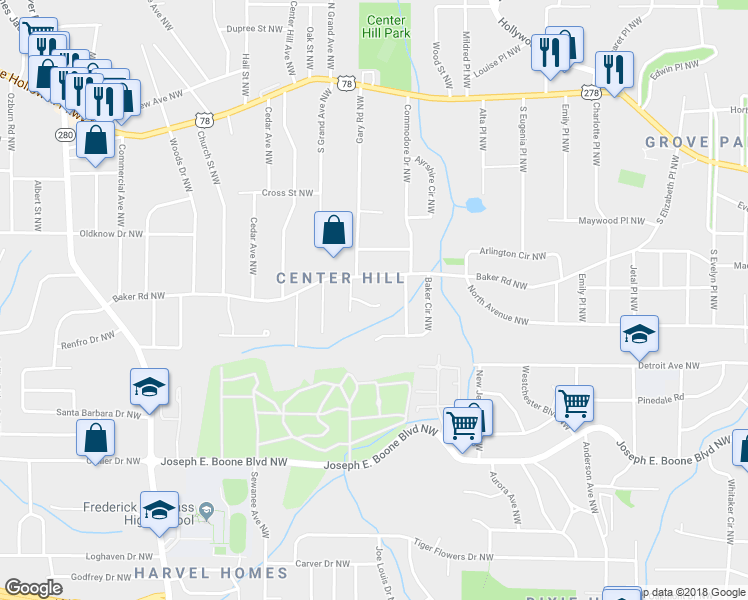 map of restaurants, bars, coffee shops, grocery stores, and more near 2243 Gary Court Northwest in Atlanta