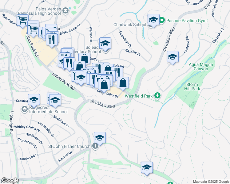 map of restaurants, bars, coffee shops, grocery stores, and more near 901 Silver Spur Road in Palos Verdes Peninsula