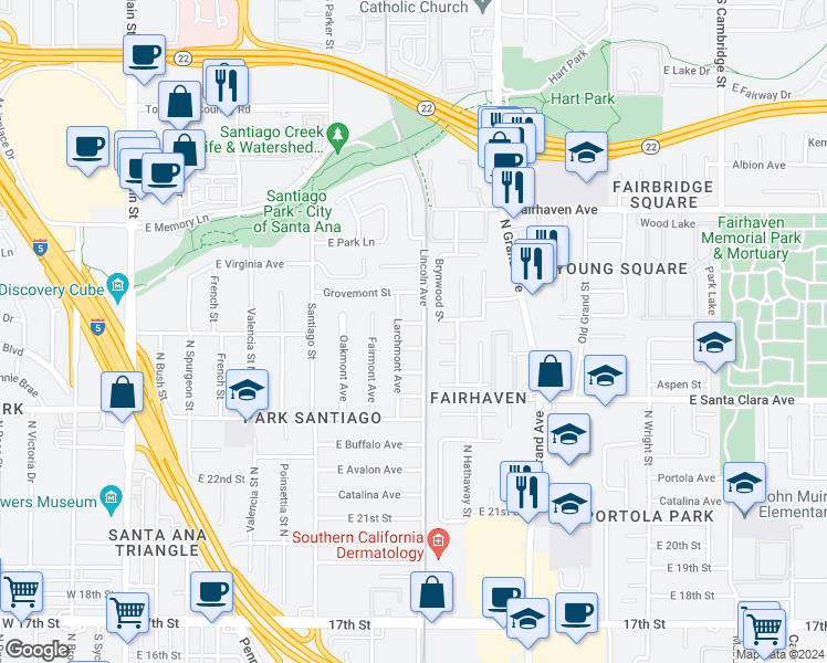 map of restaurants, bars, coffee shops, grocery stores, and more near 1010 East Joana Drive in Santa Ana