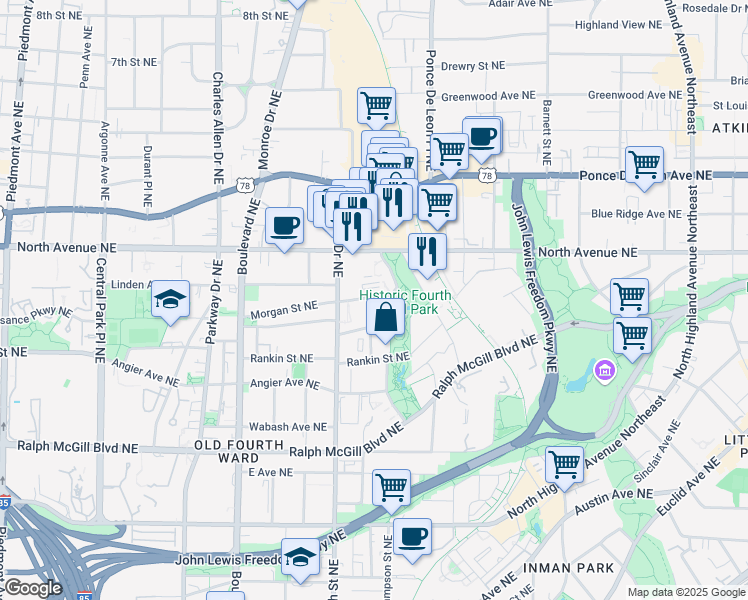 map of restaurants, bars, coffee shops, grocery stores, and more near 3102 Morgan Street Northeast in Atlanta