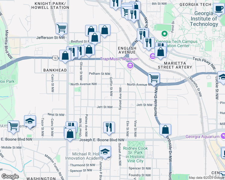 map of restaurants, bars, coffee shops, grocery stores, and more near 541 Griffin Street Northwest in Atlanta