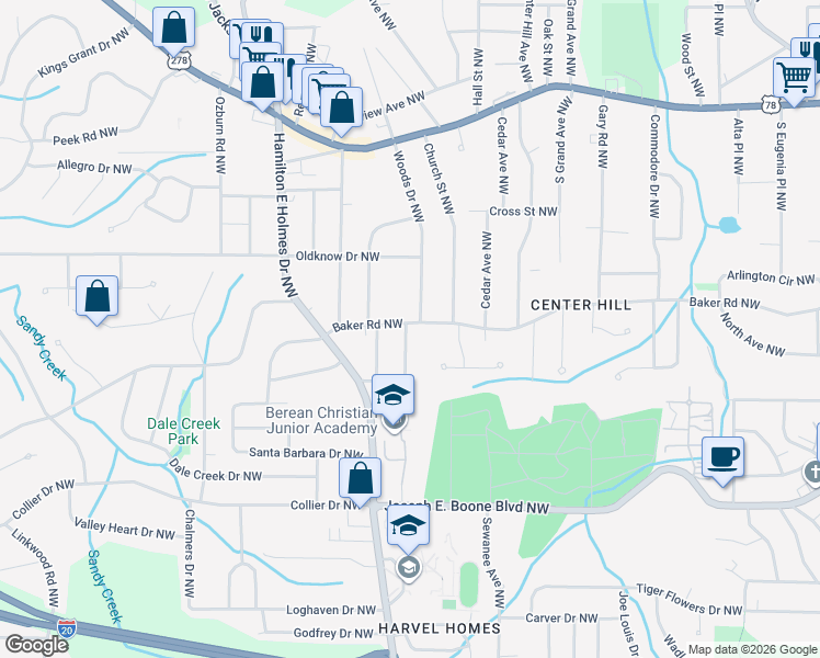 map of restaurants, bars, coffee shops, grocery stores, and more near 2484 Baker Road Northwest in Atlanta