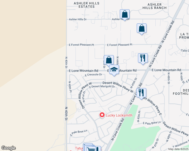 map of restaurants, bars, coffee shops, grocery stores, and more near 4249 East Creosote Drive in Cave Creek