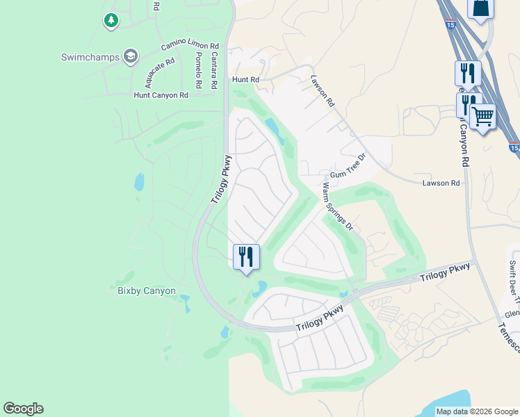 map of restaurants, bars, coffee shops, grocery stores, and more near 9153 Wooded Hill Drive in Corona