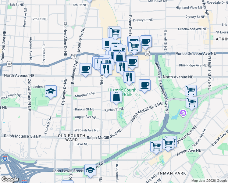 map of restaurants, bars, coffee shops, grocery stores, and more near 3106 Morgan Street Northeast in Atlanta