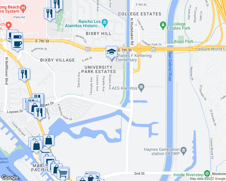 map of restaurants, bars, coffee shops, grocery stores, and more near 6304 East Eliot Street in Long Beach