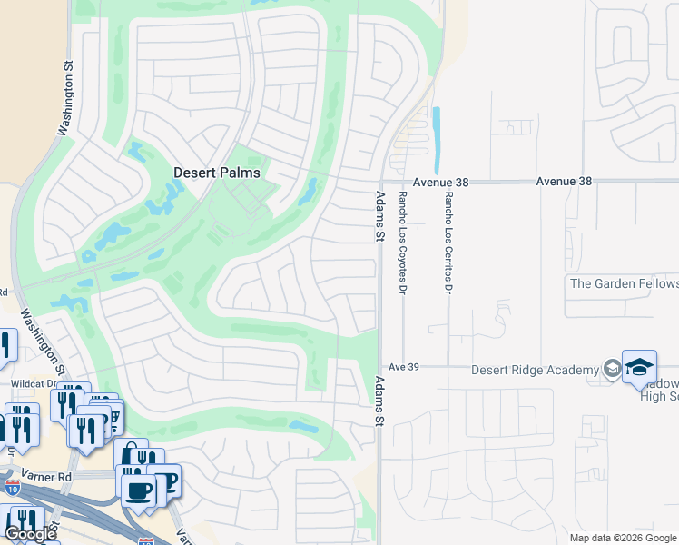 map of restaurants, bars, coffee shops, grocery stores, and more near 78843 Waterford Lane in Palm Desert