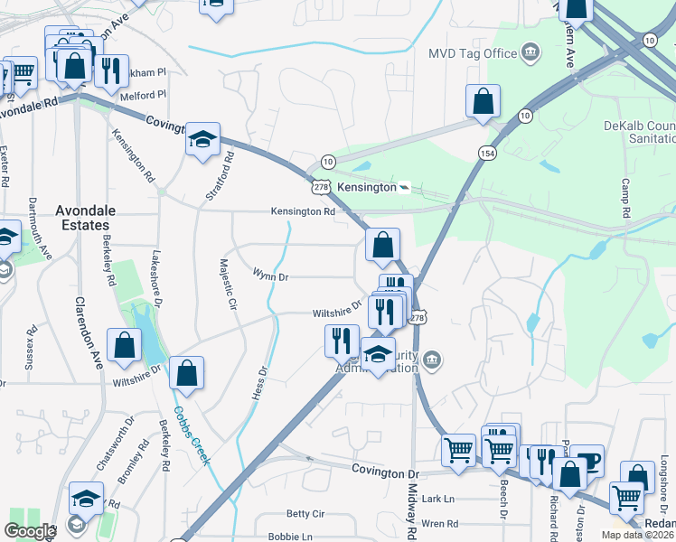 map of restaurants, bars, coffee shops, grocery stores, and more near 3296 Wynn Drive in Avondale Estates