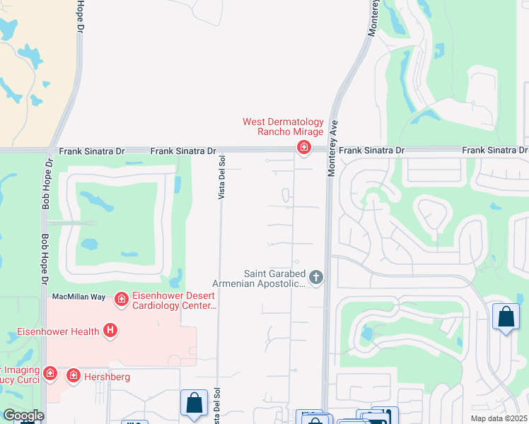 map of restaurants, bars, coffee shops, grocery stores, and more near 3 Beach Dunes Court in Rancho Mirage