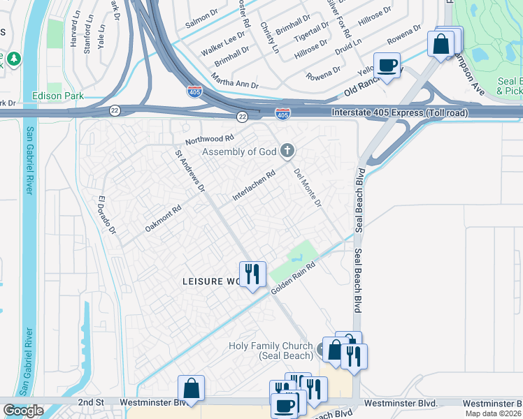 map of restaurants, bars, coffee shops, grocery stores, and more near in Seal Beach