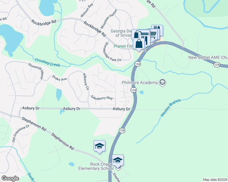 map of restaurants, bars, coffee shops, grocery stores, and more near 7590 Clear Creek Drive in Lithonia